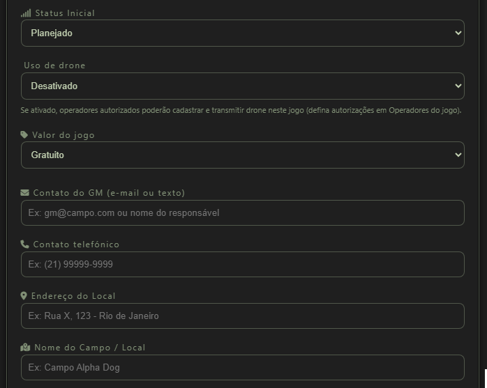Continuação do formulário Criar jogo com opções de status, drone, valor gratuito, contato, telefone, endereço e nome do campo.
